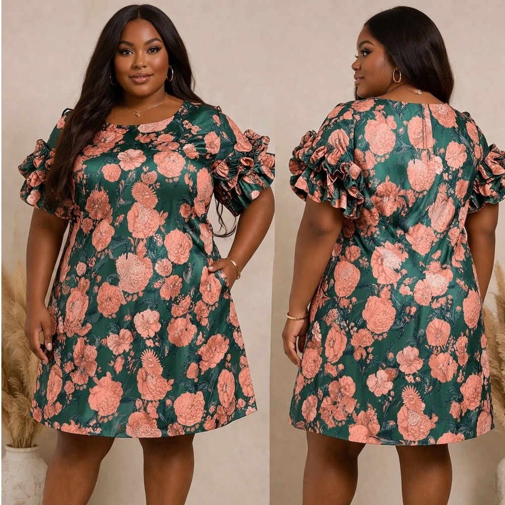 Plus-Size Green Satin Floral Dress with Ruffle Sleeves